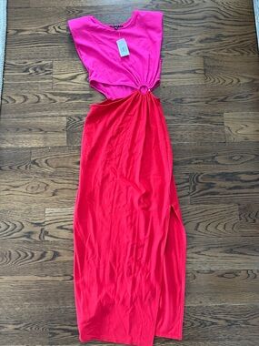 Two-Tone Cutout Maxi Dress in Hot Pink and Red